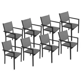 Lot de 8 chaises en aluminium anthracite - textilène gris - Happy Garden