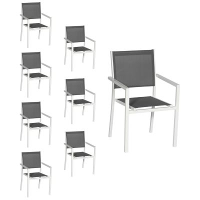 Lot de 8 chaises en aluminium blanc - textilène gris - HAPPY GARDEN