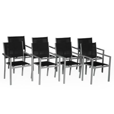 Lot de 8 chaises en aluminium gris - textilène noir - Happy Garden