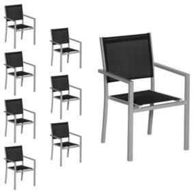 Lot de 8 chaises en aluminium gris - textilène noir - Happy Garden