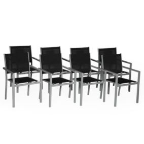 Lot de 8 chaises en aluminium gris - textilène noir - Happy Garden