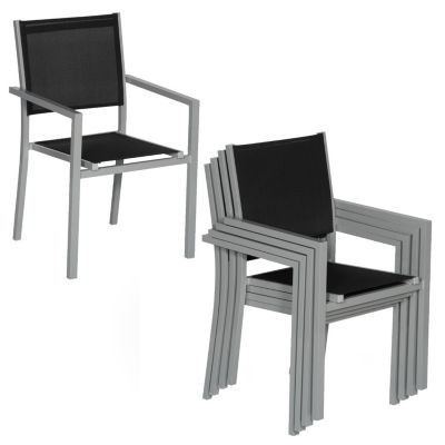 Lot de 8 chaises en aluminium gris - textilène noir - Happy Garden