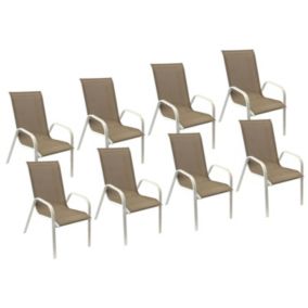 Lot de 8 chaises MARBELLA en textilène taupe - aluminium blanc - Happy Garden