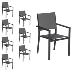Lot de 8 chaises rembourrées en aluminium anthracite - textilène gris - Happy Garden