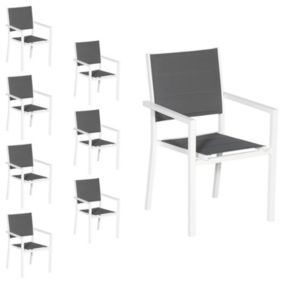 Lot de 8 chaises rembourrées en aluminium blanc - textilène gris - Happy Garden