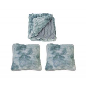 Lot plaid + 2 coussins bleu faux poils de lapin - Calinou