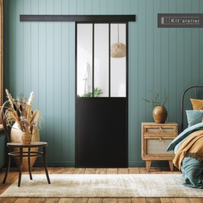 Lot porte Atelier en aluminium 3 carreaux vitrés transparents noir H.204 x l.83cm et système coulissant noir