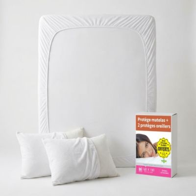 Lot Protège-Matelas 140x190 + 2 Protège-Oreillers 65x65 - Bouclette Éponge Coton Absorbante
