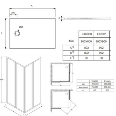 Lot receveur douche JACOB DELAFON Ipso 90x90 cm  + paroi douche d'angle 190x90 cm Serenity