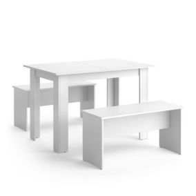 Lot Table 110cm Salle à Manger + 2 Bancs Couleur Blanc Salon Cuisine