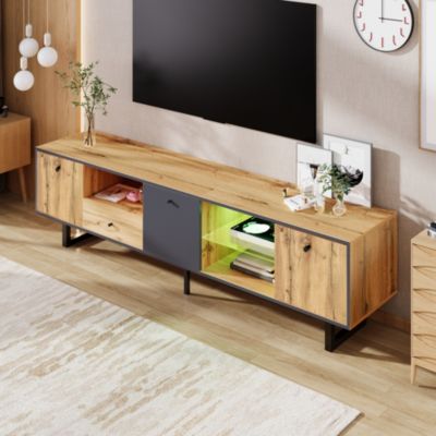 Lowboard meuble TV salon avec LED separation verre charniere amortisseur design moderne et elegant interieur