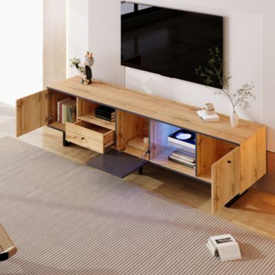 Lowboard meuble TV salon avec LED separation verre charniere amortisseur design moderne et elegant interieur