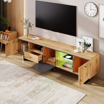 Lowboard meuble TV salon avec LED separation verre charniere amortisseur design moderne et elegant interieur