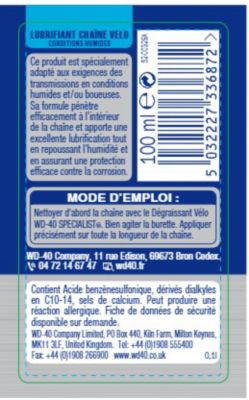 Lubrifiant chaîne de vélo conditions humides WD40 100 ml