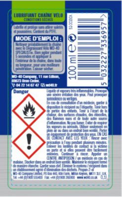 Lubrifiant chaîne de vélo conditions secs WD40 100 ml