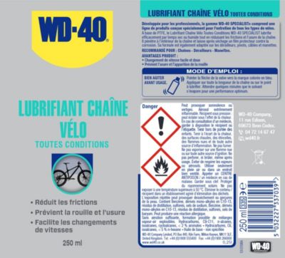 Lubrifiant chaîne de vélo toutes conditions WD40 250 ml