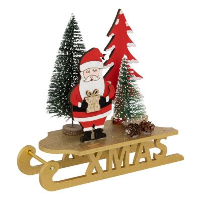 Luge en bois xmas doré avec père noël et sapin 18cm - feeric lights & christmas