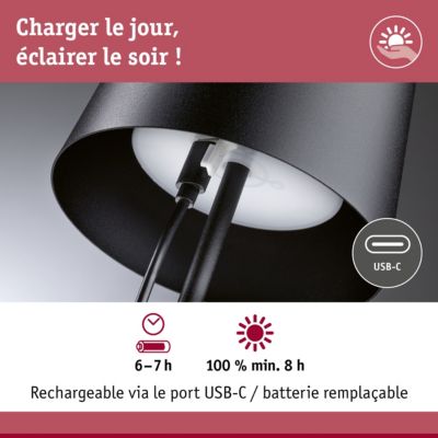 Luminaire rechargeable Gilo IP44 gradable 2700K Noir mat