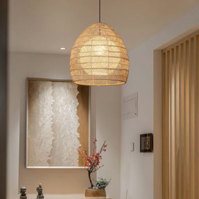 Lustre en bambou et rotin, suspension style bohème avec ampoule, lampe de plafond suspendue, blanc chaud 3000 K, 35 cm