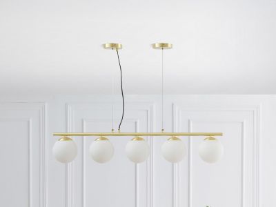 Lustre en métal et verre blanc - 5 globes - L. 100 x H. 120 cm - Doré - SOFIA