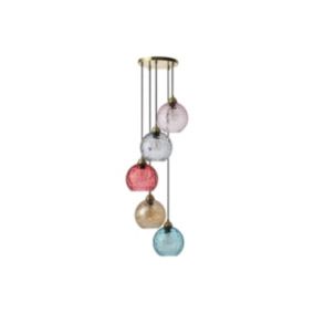 Lustre en métal et verre coloré -  5 globes - L. 40 x H. 120 cm - Doré et multicolore - SUSANNE