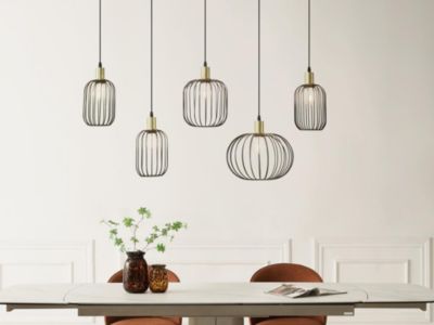 Lustre industriel en métal - 5 abat-jours - L. 110 x H.125 x P. 30 cm - Noir - FATICK
