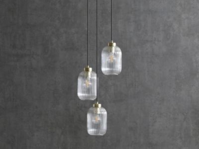 Lustre vintage en métal et verre - 3 globes - L. 30 x H. 120 cm - Doré - LOUXOR