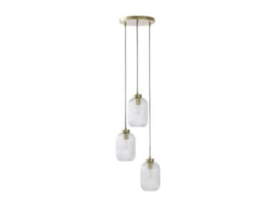 Lustre vintage en métal et verre - 3 globes - L. 30 x H. 120 cm - Doré - LOUXOR