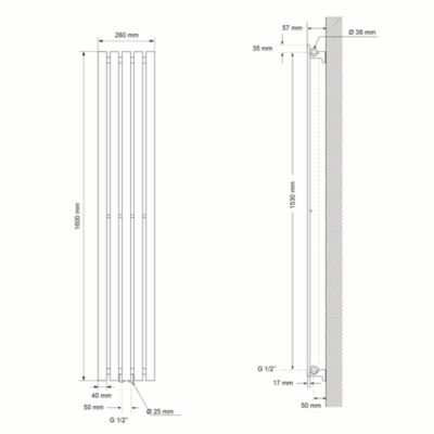 Luxe Bath Radiateur à Panneaux Design Stella 1600 x 260 mm, Blanc, Plat, Monocouche, Raccord Central, Radiateur Mural Vertical
