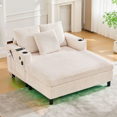 Méridienne 2 Places avec Porte-Gobelets Latéraux, Ports USB et Éclairage LED - Velours - Beige