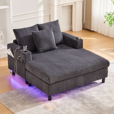 Méridienne 2 Places avec Porte-Gobelets Latéraux, Ports USB et Éclairage LED - Velours - Gris Foncé