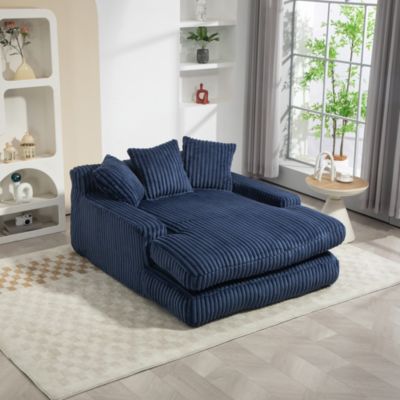Méridienne - Fauteuil Bas Relax avec 3 Coussins en Velours Côtelé, sans Montage, 125x155x63 cm, Bleu Marine