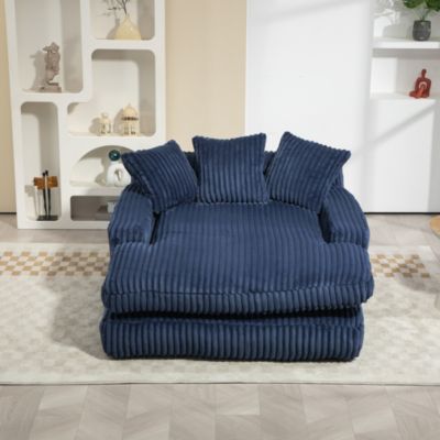 Méridienne - Fauteuil Bas Relax avec 3 Coussins en Velours Côtelé, sans Montage, 125x155x63 cm, Bleu Marine