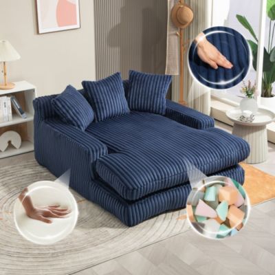 Méridienne - Fauteuil Bas Relax avec 3 Coussins en Velours Côtelé, sans Montage, 125x155x63 cm, Bleu Marine