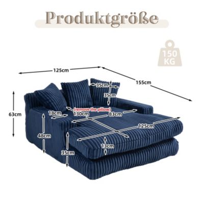 Méridienne - Fauteuil Bas Relax avec 3 Coussins en Velours Côtelé, sans Montage, 125x155x63 cm, Bleu Marine