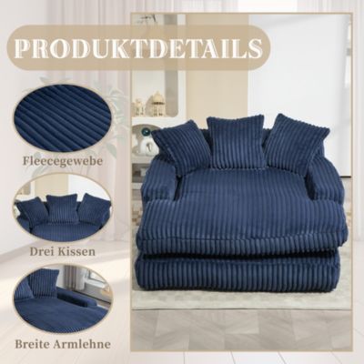 Méridienne - Fauteuil Bas Relax avec 3 Coussins en Velours Côtelé, sans Montage, 125x155x63 cm, Bleu Marine