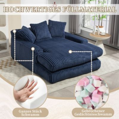 Méridienne - Fauteuil Bas Relax avec 3 Coussins en Velours Côtelé, sans Montage, 125x155x63 cm, Bleu Marine