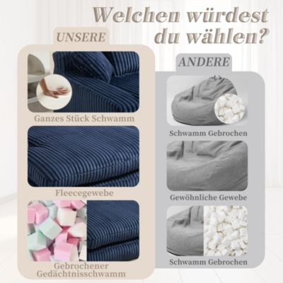 Méridienne - Fauteuil Bas Relax avec 3 Coussins en Velours Côtelé, sans Montage, 125x155x63 cm, Bleu Marine