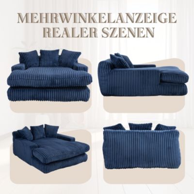 Méridienne - Fauteuil Bas Relax avec 3 Coussins en Velours Côtelé, sans Montage, 125x155x63 cm, Bleu Marine