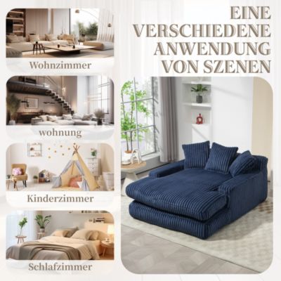 Méridienne - Fauteuil Bas Relax avec 3 Coussins en Velours Côtelé, sans Montage, 125x155x63 cm, Bleu Marine
