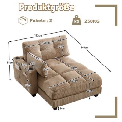 Méridienne Relax avec Appui-Tête Réglable et Poches Latérales - Mousse Épaisse - Velours Côtelé Kaki