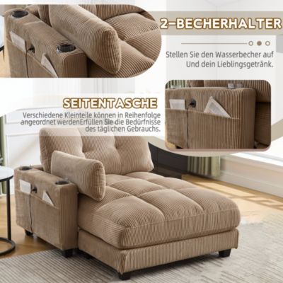 Méridienne Relax avec Appui-Tête Réglable et Poches Latérales - Mousse Épaisse - Velours Côtelé Kaki