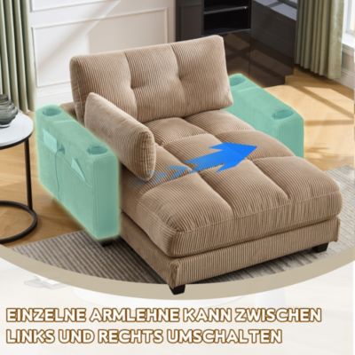 Méridienne Relax avec Appui-Tête Réglable et Poches Latérales - Mousse Épaisse - Velours Côtelé Kaki