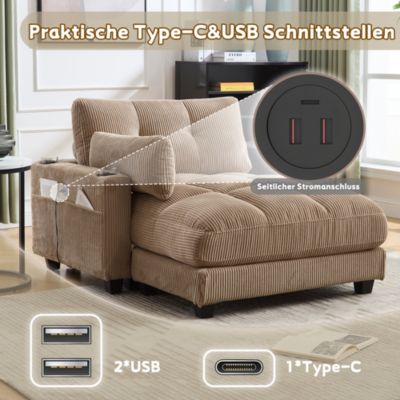 Méridienne Relax avec Appui-Tête Réglable et Poches Latérales - Mousse Épaisse - Velours Côtelé Kaki