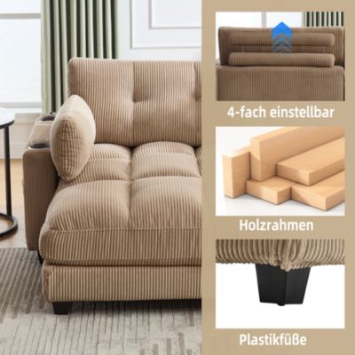 Méridienne Relax avec Appui-Tête Réglable et Poches Latérales - Mousse Épaisse - Velours Côtelé Kaki