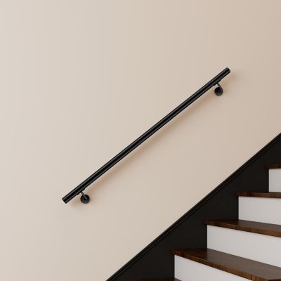 Main courante 150cm, inox 304, Noir mat, rampe d'escalier ronde, avec 2 supports muraux, intérieur & extérieur