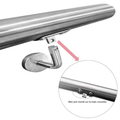Main courante 200cm diam 42.4mm en Inox 304 Argent avec 2 supports