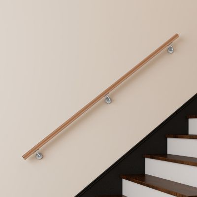 Main courante 200cm, inox 304, Design naturel aspect bois, rampe d'escalier ronde, avec 3 supports muraux, intérieur & extérieur
