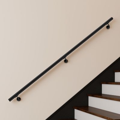 Main courante 220cm, inox 304, Noir mat, rampe d'escalier ronde, avec 3 supports muraux, intérieur & extérieur