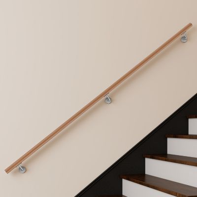 Main courante 240cm, inox 304, Design naturel aspect bois, rampe d'escalier ronde, avec 3 supports muraux, intérieur & extérieur